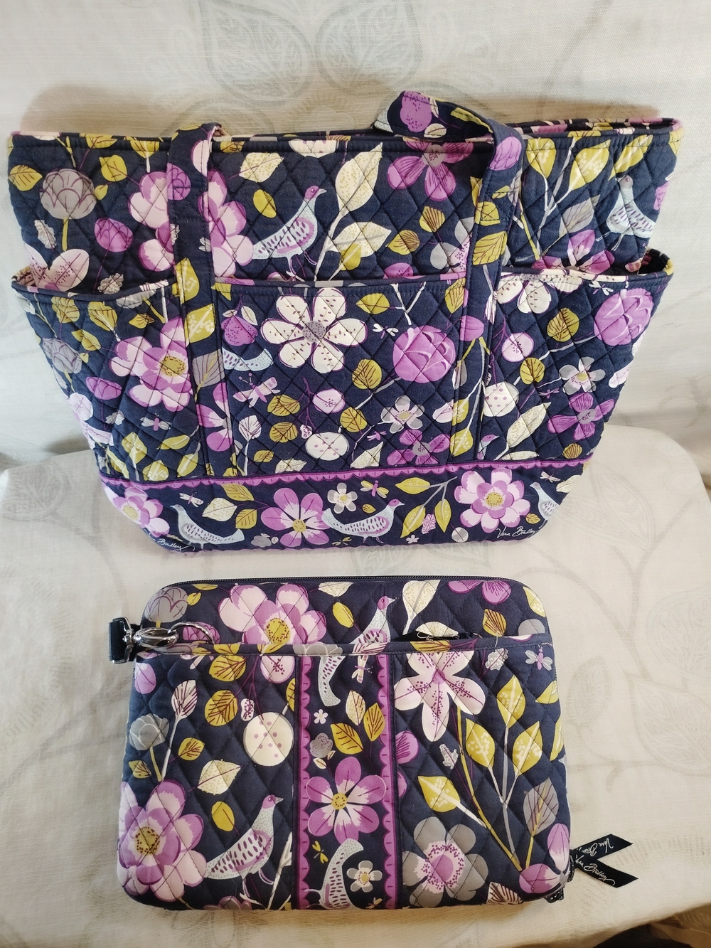 Vera Bradley Navy Floral Quilted Shoulder Tote & Laptop Crossbody Bag Set